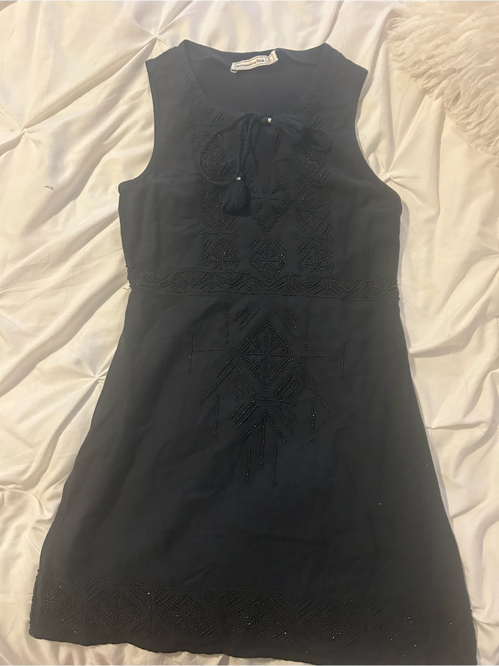 Abercrombie & Fitch Black Sleeveless Beaded Mini Dress with Tassel Tie